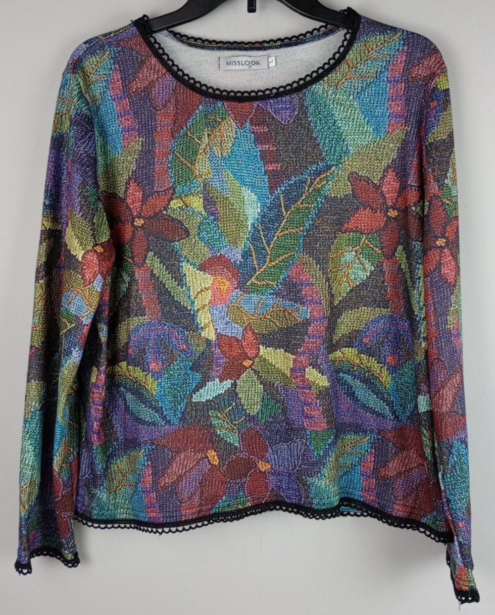 Y2K Misslook Womens L Multicolor Pixel Floral Lace Trim Long Sleeve Shirt